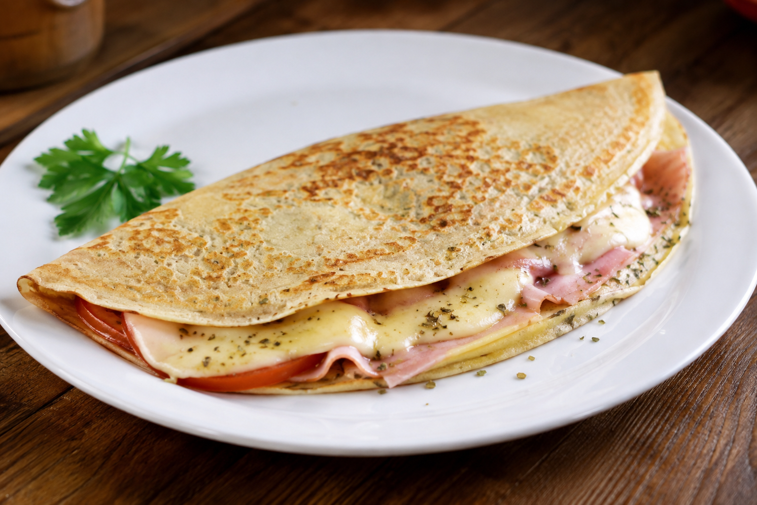 Fotografia de um crepe salgado gratinado com presunto, queijo e tomate.