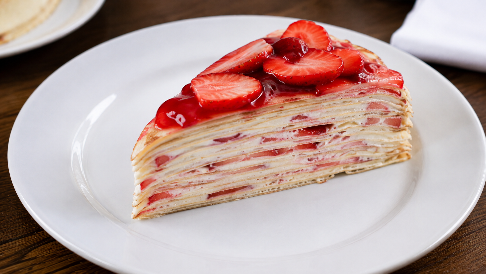 Fatia de bolo de crepes com camadas de creme e morangos frescos, servida em prato branco.