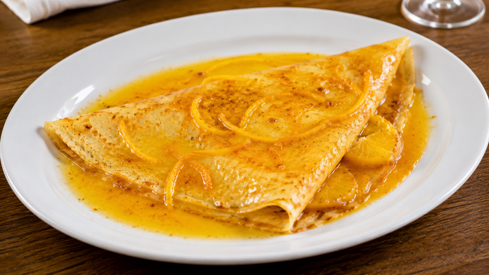 Fotografia de um Crepe Suzette com calda de laranja e raspas cítricas, servido em prato branco.